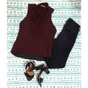 J Brand neck tie maroon silk top